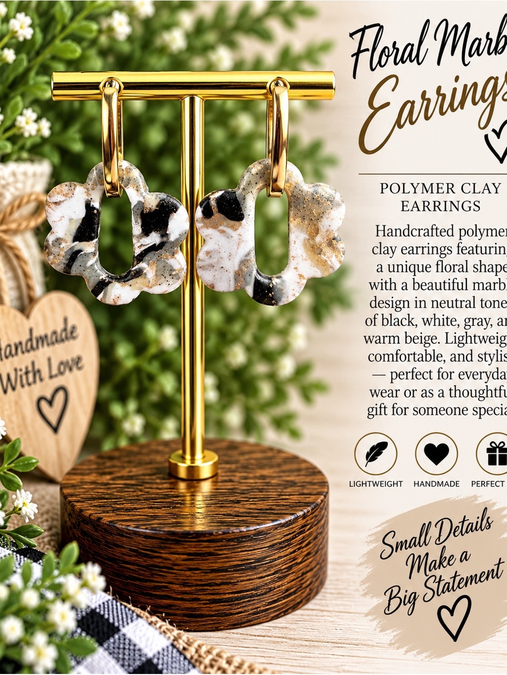 Handcrafted Floral Marble Earrings in Black, White & Beige